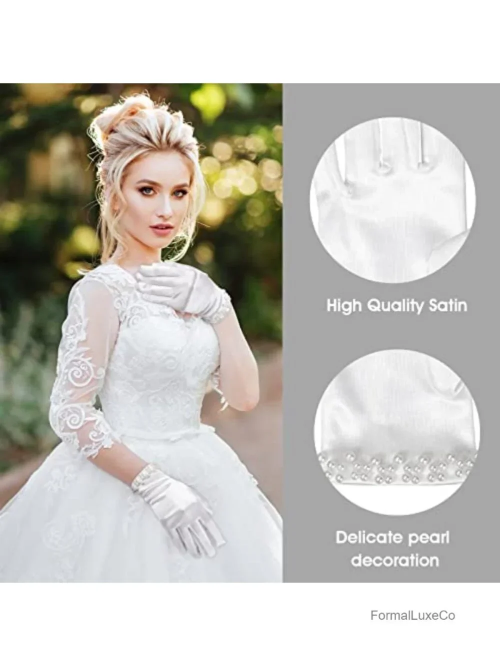 Women's Satin Short Gloves Pearl Accent Wrist Length Bridal Evening Opera Gloves